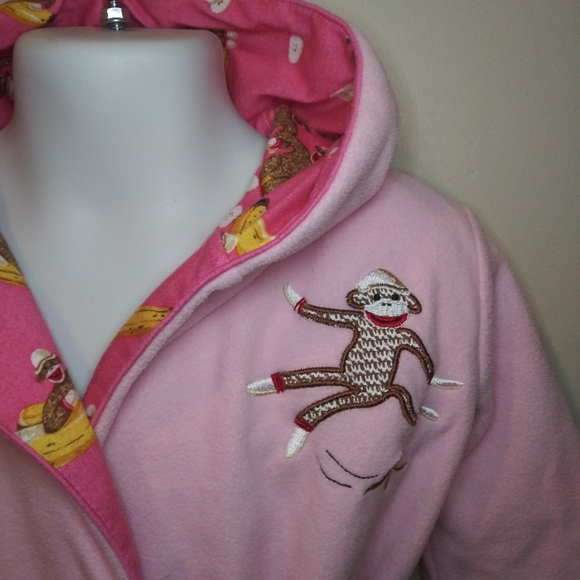 3/$18 Nick & Nora Baby Pink Fleece Sock Monkey Robe - Picture 4 of 12